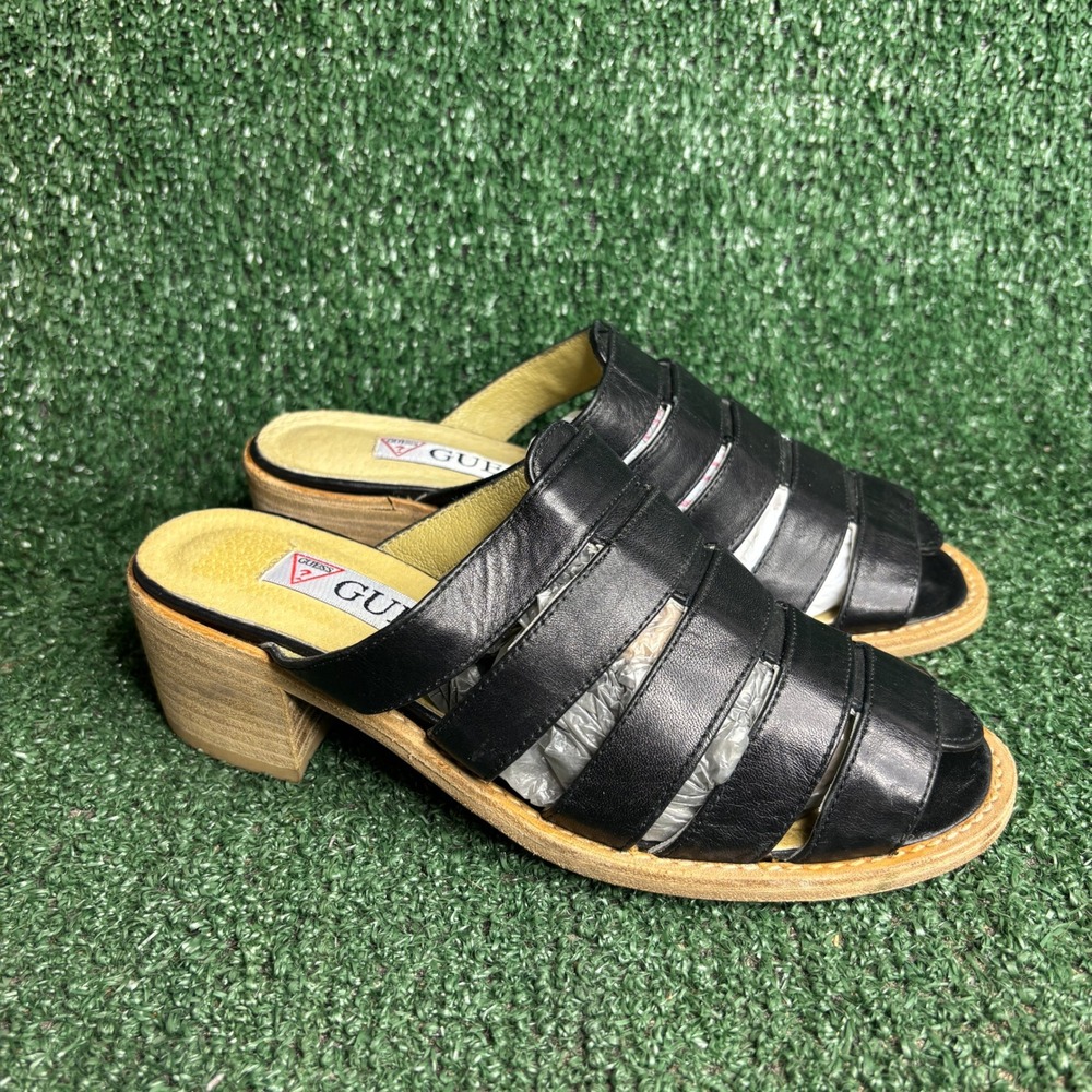GUESS‎ Vintage Leather Strappy Block Heel Mule Sandal Slide Black Womens Size 6